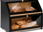 Double Decker Bamboo Bread Bin 2-Layer Bread Box for Kitchen Large Capacity Food Bread Storage Retro 39x25x32cm Black