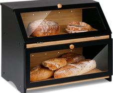 Double Decker Bamboo Bread Bin 2-Layer Bread Box for Kitchen Large Capacity Food Bread Storage Retro 39x25x32cm Black
