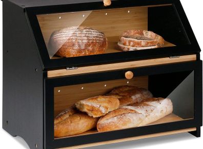 Double Decker Bamboo Bread Bin 2-Layer Bread Box for Kitchen Large Capacity Food Bread Storage Retro 39x25x32cm Black