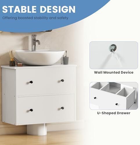 Bathroom under sink cabinet,wall mounted under sink storage,bathroom storage with 2 drawers, Toilet Paper Storage Cabinet, vanity unit, 60 x 30 x 50 cm for small bathroom, White