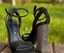 Carvela Black Suede Platform Heels with Crystal Block Heel