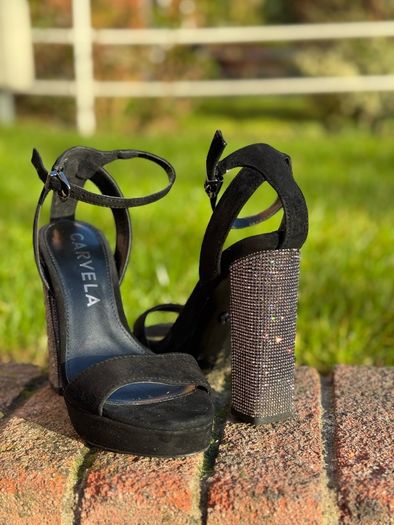 Carvela Black Suede Platform Heels with Crystal Block Heel