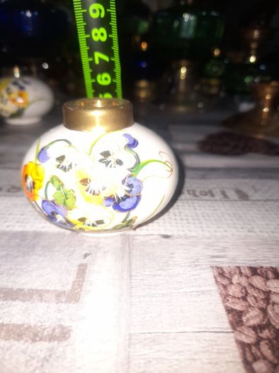 5 Beautiful Old Ceramic Oil Lamps, Painted with Orange, Yellow, and Blue Pansies Postage Available
