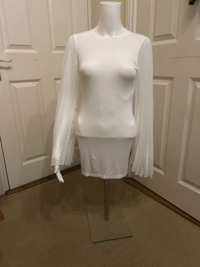 White tunic top, pleated angel wing long sleeves