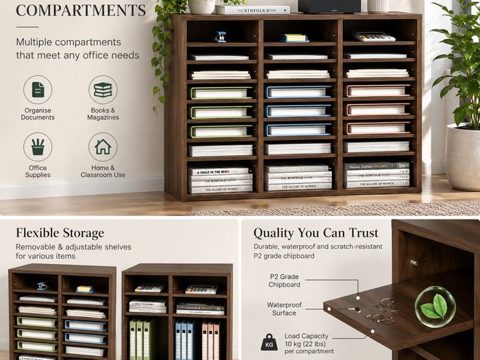 24-Compartment A4 Document Organiser  Adjustable Wooden Office & Home Storage Cabinet