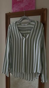 House Brand Sage Green & White Striped V-Neck Blouse - Size M