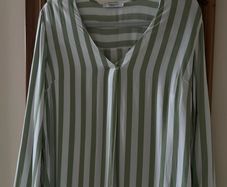 House Brand Sage Green & White Striped V-Neck Blouse - Size M