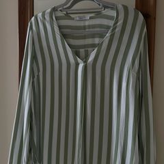 House Brand Sage Green & White Striped V-Neck Blouse - Size M