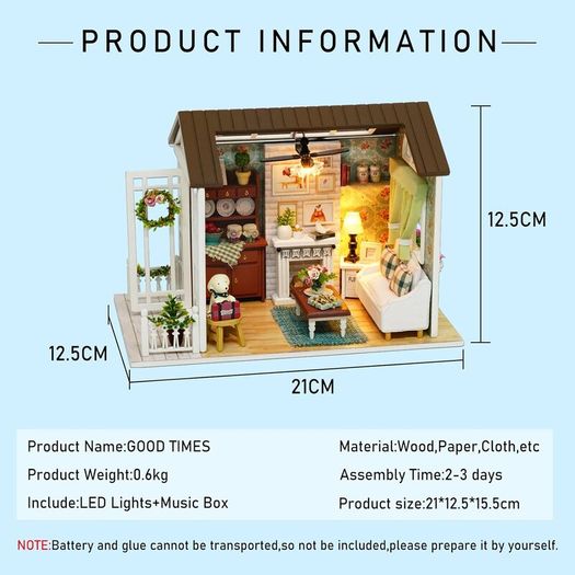 Wooden Dollhouse Kit 3D Build with LED Lights