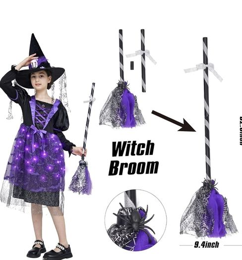 Witch costume with lights, Halloween, girl costume, carnival, cosplay, princess dress with witch broom and hat