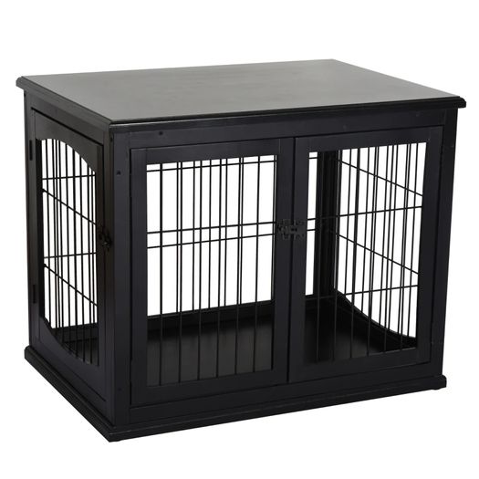 66cm/26'' Wooden Decorative Dog Cage Pet Crate Double Door Small Animal with Tabletop, Black