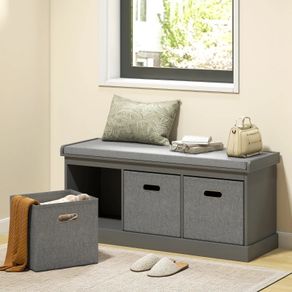 Three-Drawer Shoe Storage Bench, with Padded Top Seat - Grey