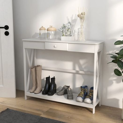 Wooden Console Table with 1 Drawer and 1 Storage Shelf for Living Room Entryway, 100cm x 30cm x 81cm, White
