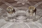 Antique Glass Double inkwell in boat form