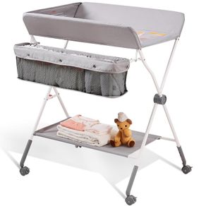 Baby Changing Table, Folding Diaper Changing Station with Lockable Wheels, Portable Changing Table 3-level Adjustable Heights, with Storage Basket & Hanging Racks for Newborns & Infant