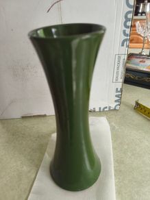 Vintage Green Glazed Heavy Stoneware Art Pottery Vase With Slight Rib 8 Inches