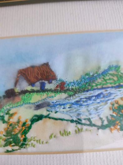 Framed small picture of Cottage , Stitch Patterns - hand coloured Format Needlework Embroidery Crafts.