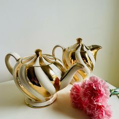 Vintage Sadler England Art Deco Real Gold Gilt Tea and Coffee Pot Set