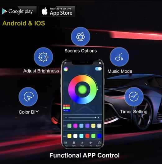 Underglow Car LED Lights Kit, RGBI Neon Accent Strip Lights, 16 Million Colors DIY & Music Mode with App Control, DC 12V Universal for Car