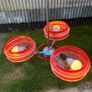 Vintage 1960s Mid-Century Three-Arm Chandelier Red and White Geometric Glass Image 4