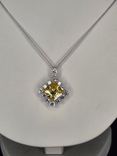 Sterling Silver Yellow Canary Cubic Zirconia Cushion Cut Pendant Necklace 7.12g