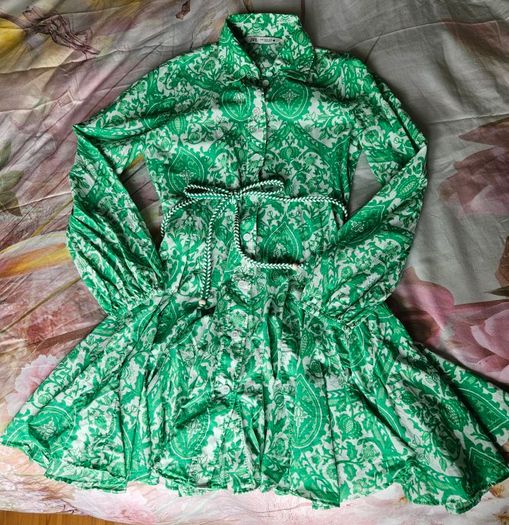 ZARA Green Paisley Floral Print Mini Shirt Dress XS