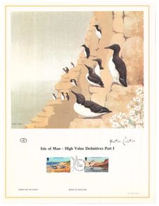 1983 Isle of Man Limited Edition Lithographed Print measuring 333mm X 257mm showing High Value Definitive Stamp Part 1 20p & 25p with First Day of Issue Cancel