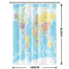 World Map Shower Curtain Waterproof Machine Washable Geography 180 x 240 cm  Blue