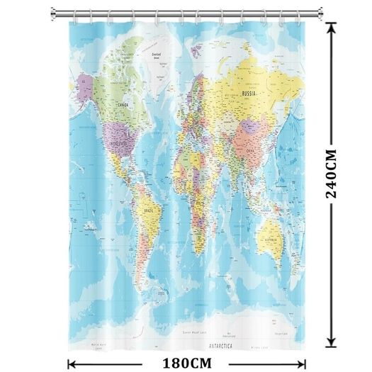 World Map Shower Curtain Waterproof Machine Washable Geography 180 x 240 cm  Blue