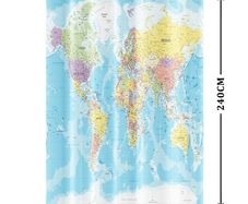 World Map Shower Curtain Waterproof Machine Washable Geography 180 x 240 cm  Blue