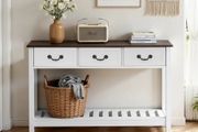 120 cm Console Table, Farmhouse Desk Behind the Couch with Drawers and Bottom Storage Shelf, Wooden Rectangle Entrance Narrow Sofa Table
