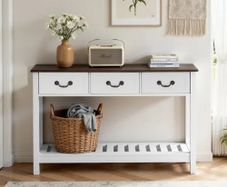 120 cm Console Table, Farmhouse Desk Behind the Couch with Drawers and Bottom Storage Shelf, Wooden Rectangle Entrance Narrow Sofa Table
