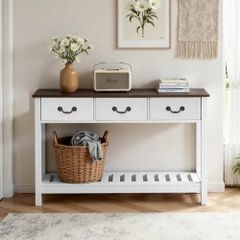 120 cm Console Table, Farmhouse Desk Behind the Couch with Drawers and Bottom Storage Shelf, Wooden Rectangle Entrance Narrow Sofa Table