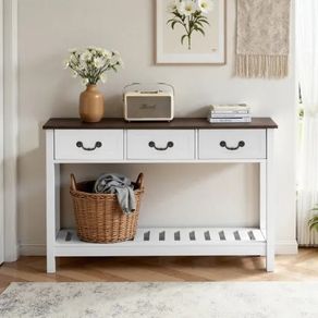 120 cm Console Table, Farmhouse Desk Behind the Couch with Drawers and Bottom Storage Shelf, Wooden Rectangle Entrance Narrow Sofa Table