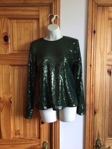 M&S Ladies Green Long Sleeve Sequin Party Festive Top size 12 Bnwts
