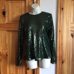 M&S Ladies Green Long Sleeve Sequin Party Festive Top size 12 Bnwts