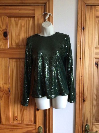 M&S Ladies Green Long Sleeve Sequin Party Festive Top size 12 Bnwts