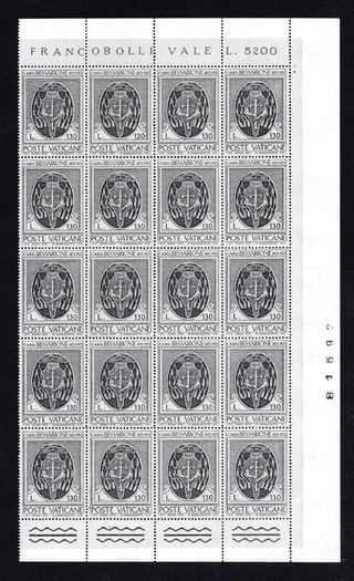 1972 Vatican City The 500th Anniversary of the Death of Bessarione Commemorative Stamps Marginal Panes of 20 Mint Never Hinged (MNH)