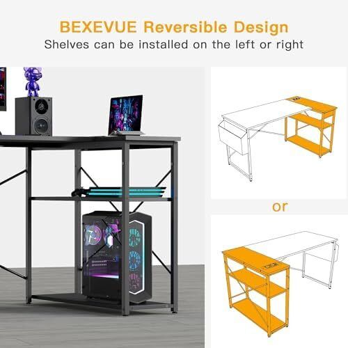 L Shaped Gaming Desk, 100x70 cm Computer Desk with Storage Bag, Office Desk Small Writing Table with Large Reversible Storage Shelves, Workstation for Study Play Work Home Office, Black
