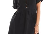 New Look button smock mini dress in black  , size 6
