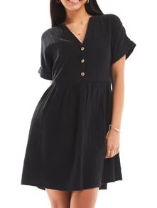 New Look button smock mini dress in black  , size 6