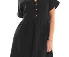 New Look button smock mini dress in black  , size 6