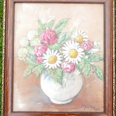Vintage Vase of Flowers, original Oil on Canvas, signed  framed, 13,5" x 11,5"