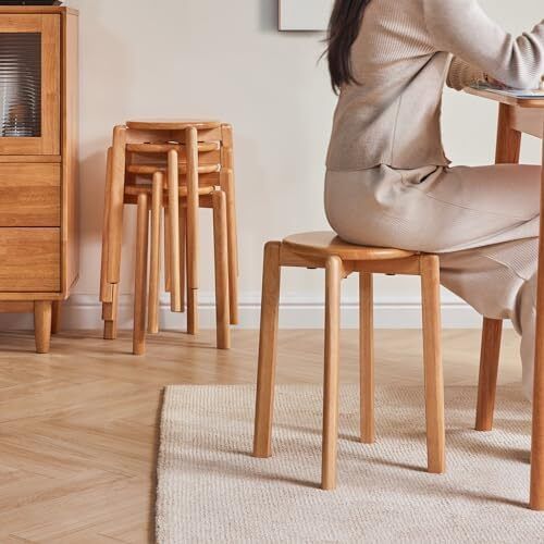 Dining Room Chairs, Bar Chairs Made of Solid Wood, Set of 4 Bar Stools, Round Seat Stools, Work Stool, Space-Saving, Stackable, for Meeting Room, Living Room, Dining Room, Kitchen, Natural