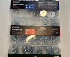 Assorted washers, hex nuts, hose clips, hooks