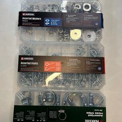 Assorted washers, hex nuts, hose clips, hooks