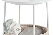 Side Table, Round End Table with Fabric Basket, Spacious, for Living Room Bedroom, Bedside Table, Modern Style, White and Beige LET223W10
