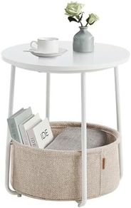 Side Table, Round End Table with Fabric Basket, Spacious, for Living Room Bedroom, Bedside Table, Modern Style, White and Beige LET223W10