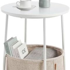 Side Table, Round End Table with Fabric Basket, Spacious, for Living Room Bedroom, Bedside Table, Modern Style, White and Beige LET223W10