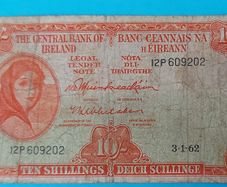 Irish 1962 Lavery ten shilling banknote in used condition